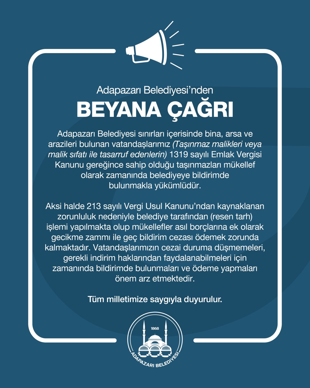 Adapazarı Belediyesi'nden Beyan Çağrısı